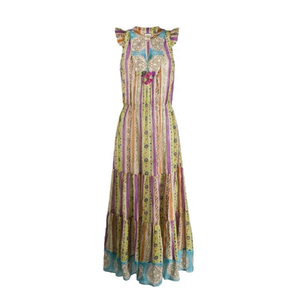 lola Yellow Pink Blue Floral Stripe Maxi Dress with Ruffle Shoulders